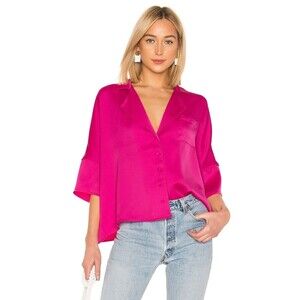 LPA Top 193 Button Front Size S Magenta Pink Short Sleeve Oversized Satin Collar